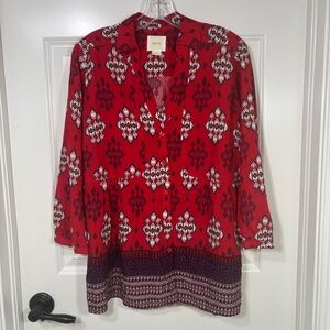 Maeve for Anthropologie Woodland Walk Red Ikat Print Blouse Women’s 10